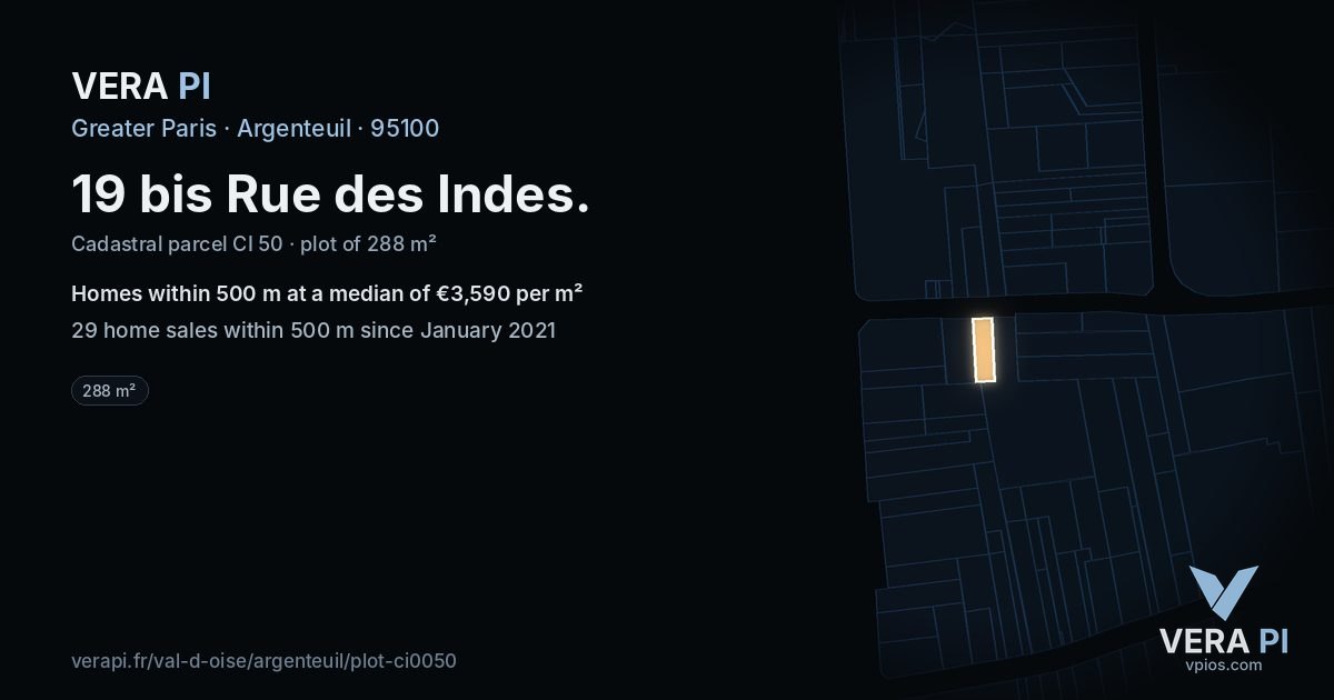 19 bis Rue des Indes, Argenteuil at night – the plot lit, the parcels around coloured by the prices near them