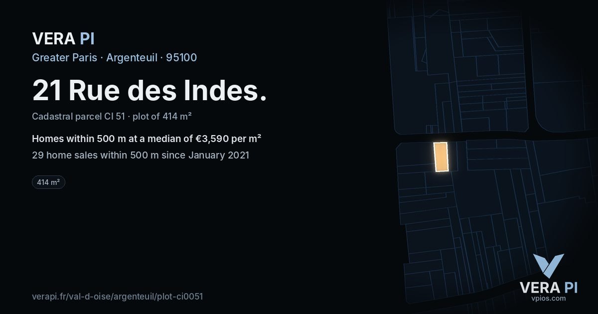 21 Rue des Indes, Argenteuil at night – the plot lit, the parcels around coloured by the prices near them