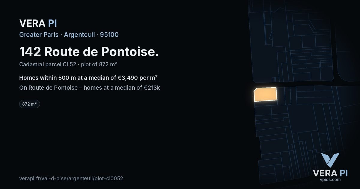142 Route de Pontoise, Argenteuil at night – the plot lit, the parcels around coloured by the prices near them