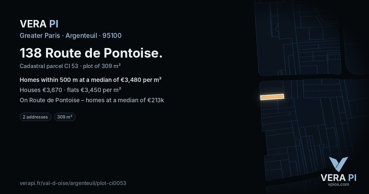 138 Route de Pontoise, Argenteuil at night – the plot lit, the parcels around coloured by the prices near them