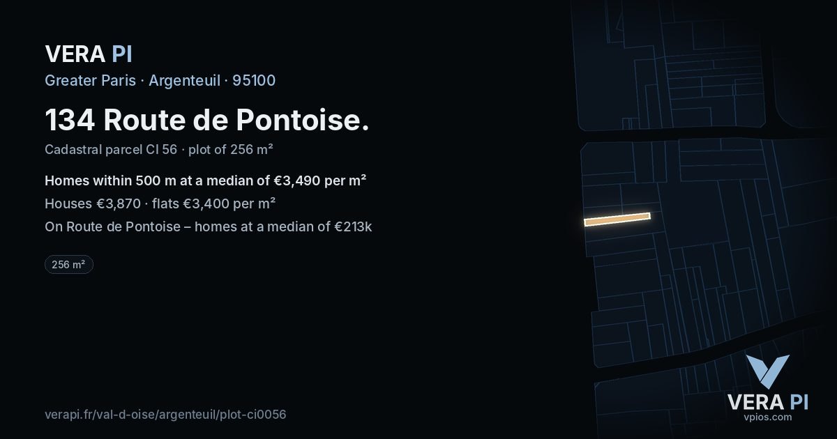 134 Route de Pontoise, Argenteuil at night – the plot lit, the parcels around coloured by the prices near them