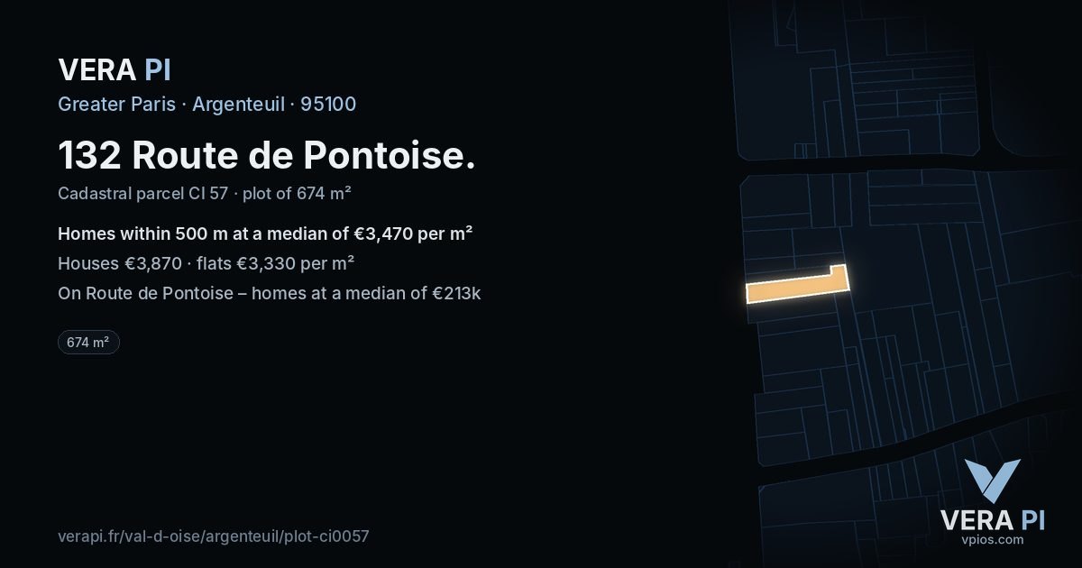 132 Route de Pontoise, Argenteuil at night – the plot lit, the parcels around coloured by the prices near them