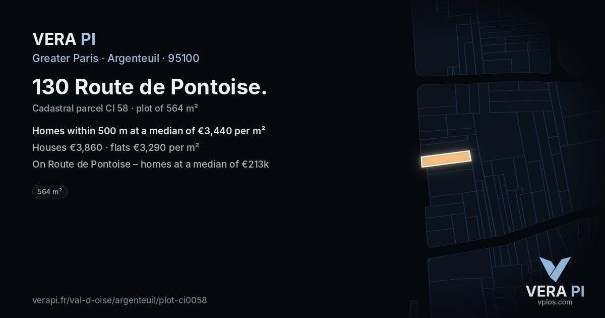 130 Route de Pontoise, Argenteuil at night – the plot lit, the parcels around coloured by the prices near them