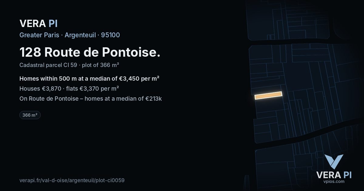 128 Route de Pontoise, Argenteuil at night – the plot lit, the parcels around coloured by the prices near them