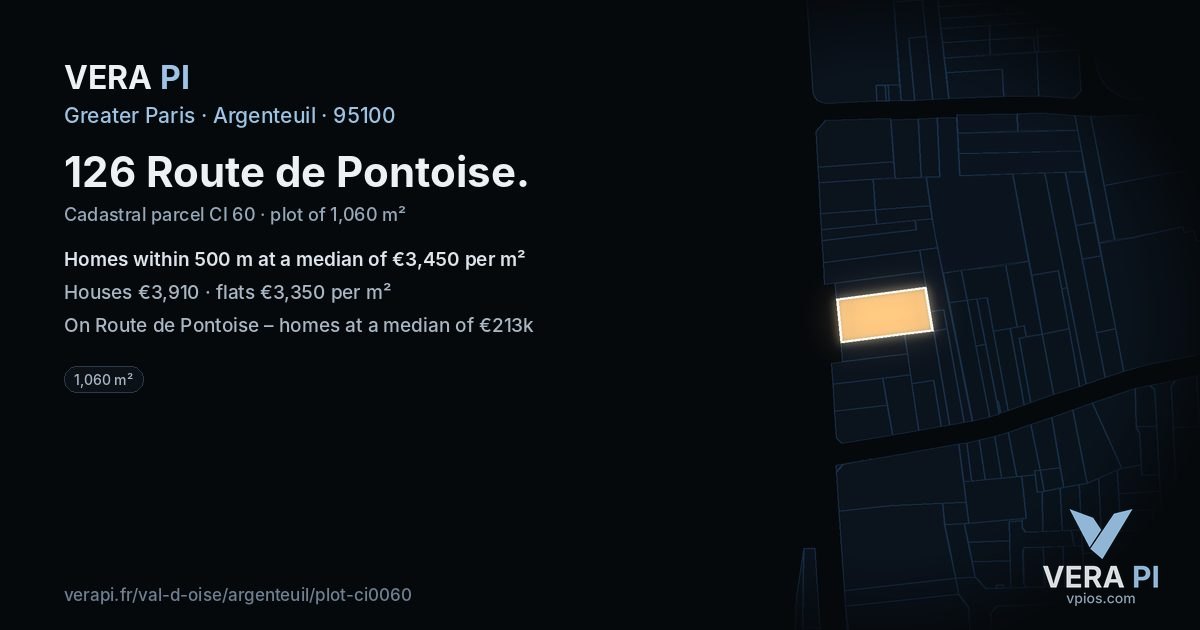 126 Route de Pontoise, Argenteuil at night – the plot lit, the parcels around coloured by the prices near them