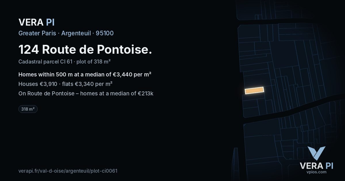 124 Route de Pontoise, Argenteuil at night – the plot lit, the parcels around coloured by the prices near them