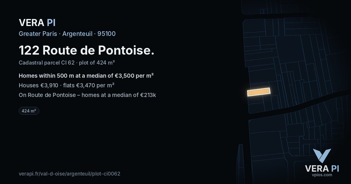 122 Route de Pontoise, Argenteuil at night – the plot lit, the parcels around coloured by the prices near them