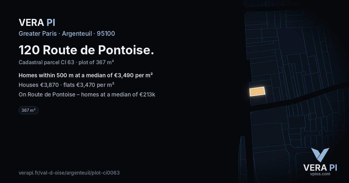 120 Route de Pontoise, Argenteuil at night – the plot lit, the parcels around coloured by the prices near them