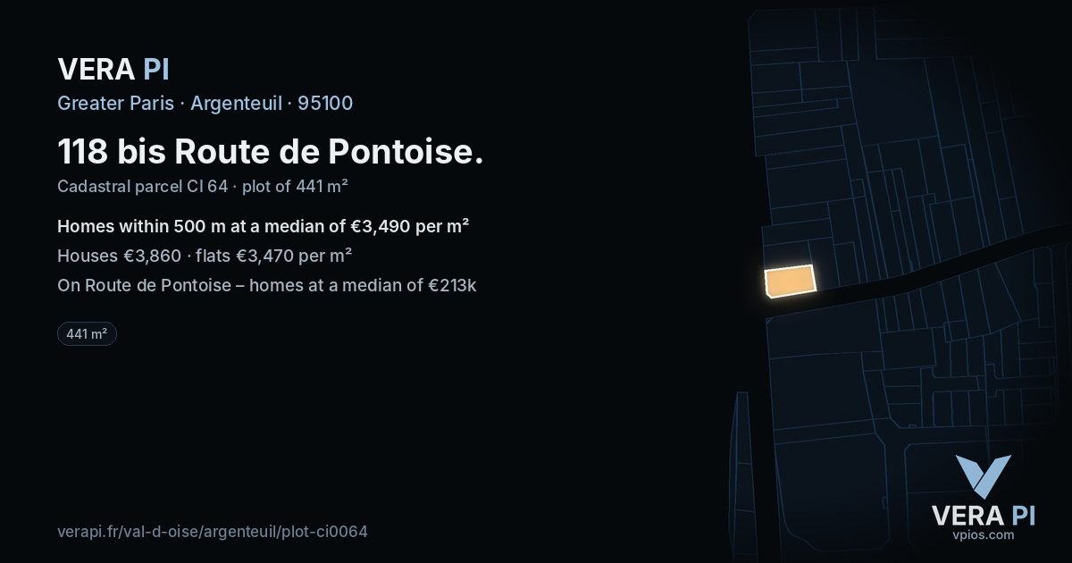 118 bis Route de Pontoise, Argenteuil at night – the plot lit, the parcels around coloured by the prices near them