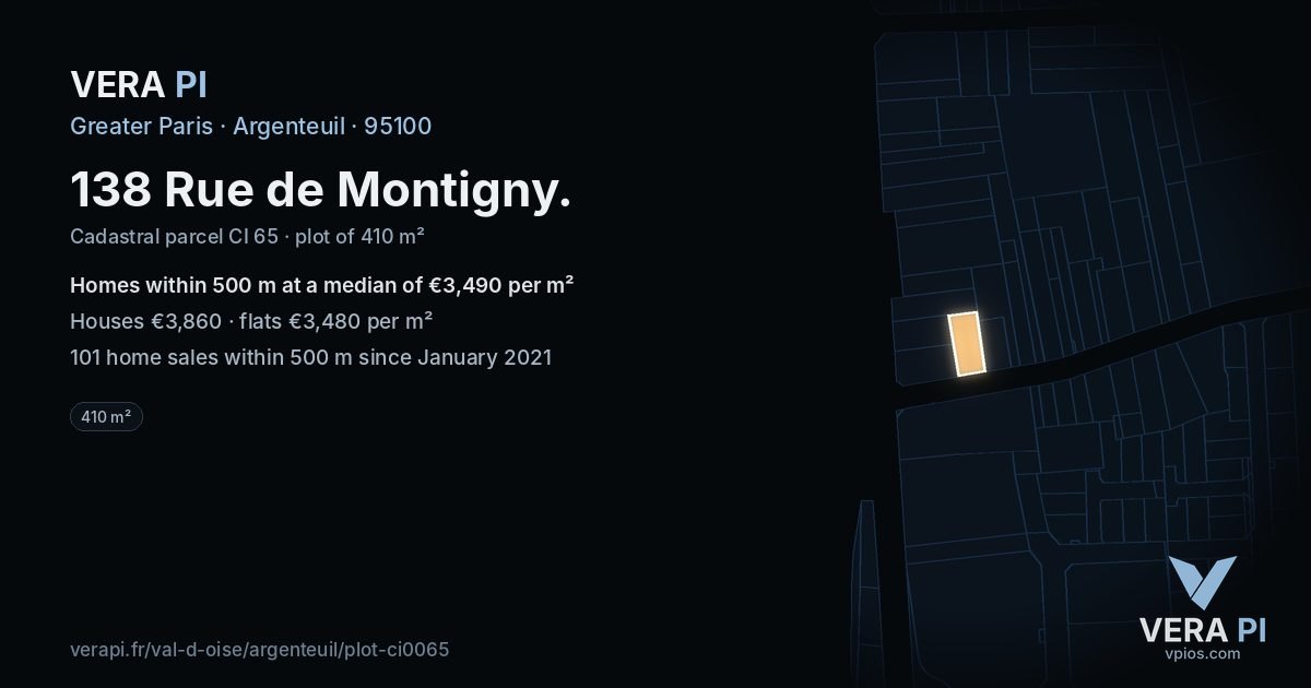 138 Rue de Montigny, Argenteuil at night – the plot lit, the parcels around coloured by the prices near them