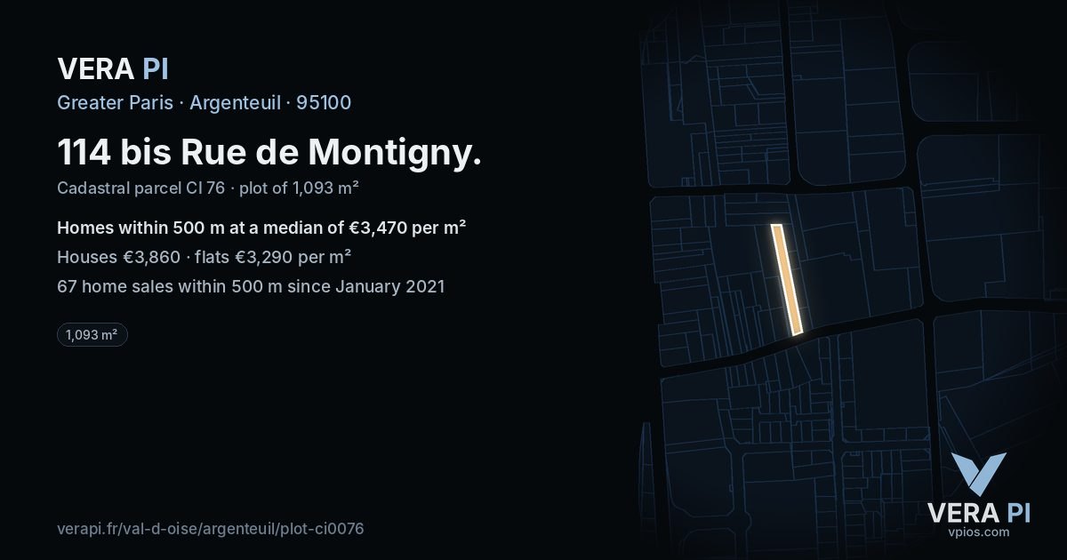 114 bis Rue de Montigny, Argenteuil at night – the plot lit, the parcels around coloured by the prices near them