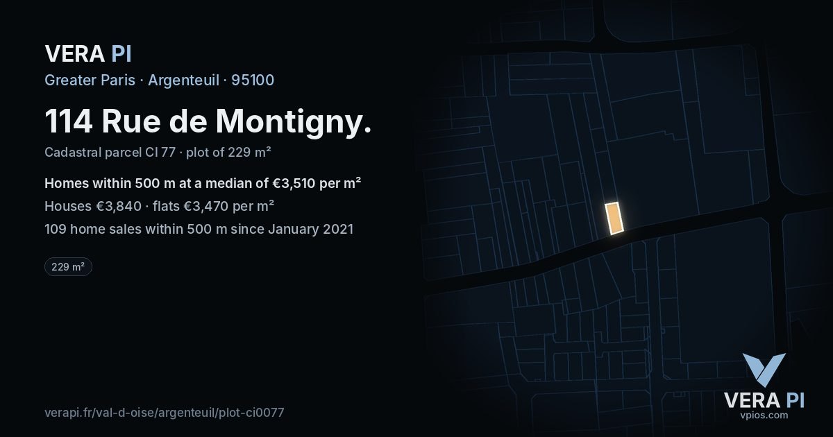 114 Rue de Montigny, Argenteuil at night – the plot lit, the parcels around coloured by the prices near them