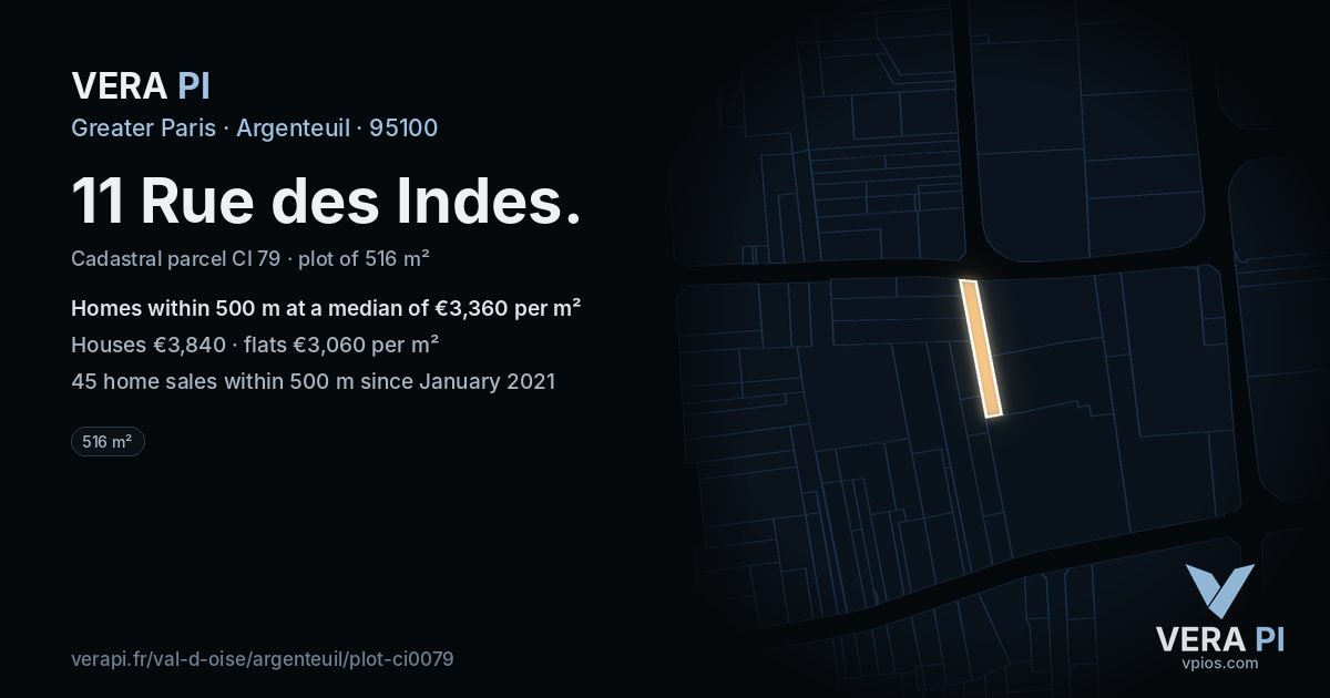 11 Rue des Indes, Argenteuil at night – the plot lit, the parcels around coloured by the prices near them