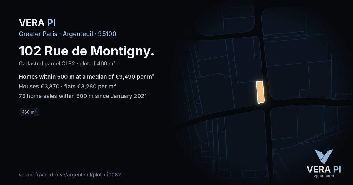 102 Rue de Montigny, Argenteuil at night – the plot lit, the parcels around coloured by the prices near them