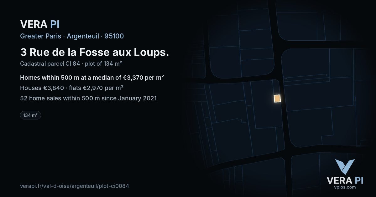 3 Rue de la Fosse aux Loups, Argenteuil at night – the plot lit, the parcels around coloured by the prices near them