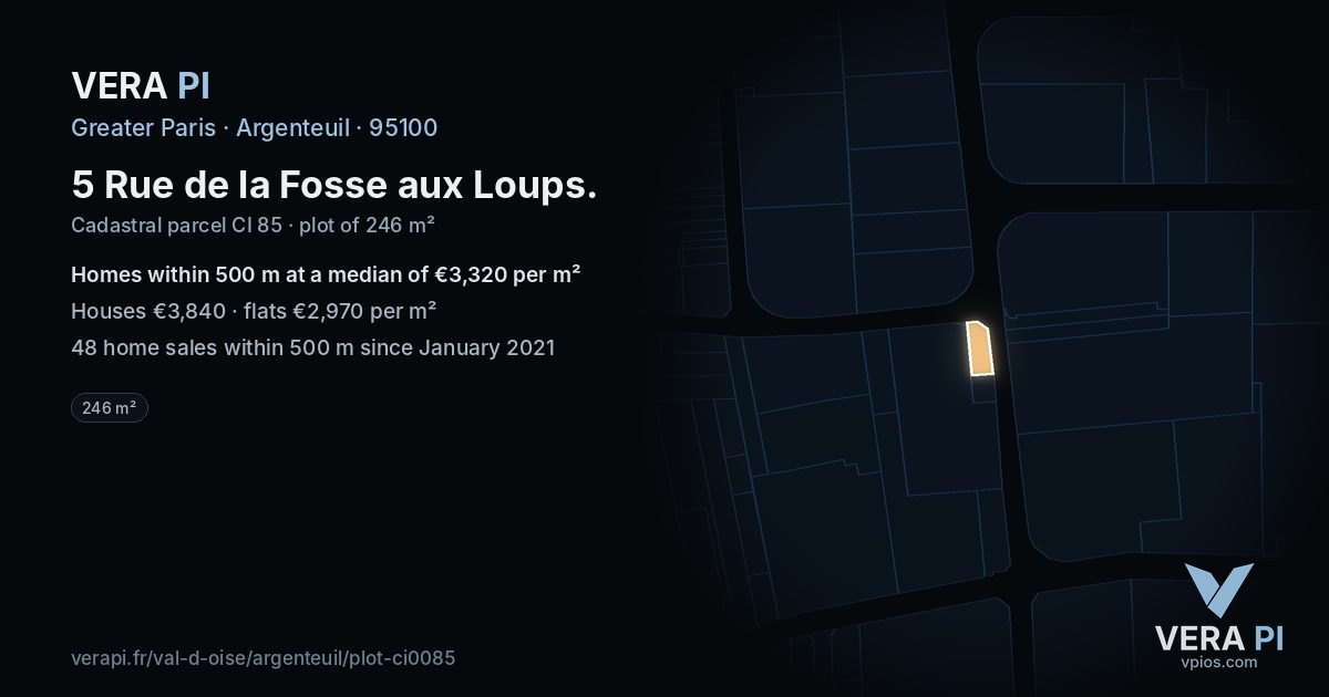 5 Rue de la Fosse aux Loups, Argenteuil at night – the plot lit, the parcels around coloured by the prices near them