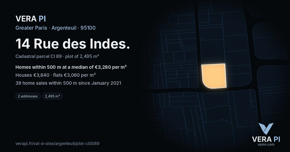 14 Rue des Indes, Argenteuil at night – the plot lit, the parcels around coloured by the prices near them