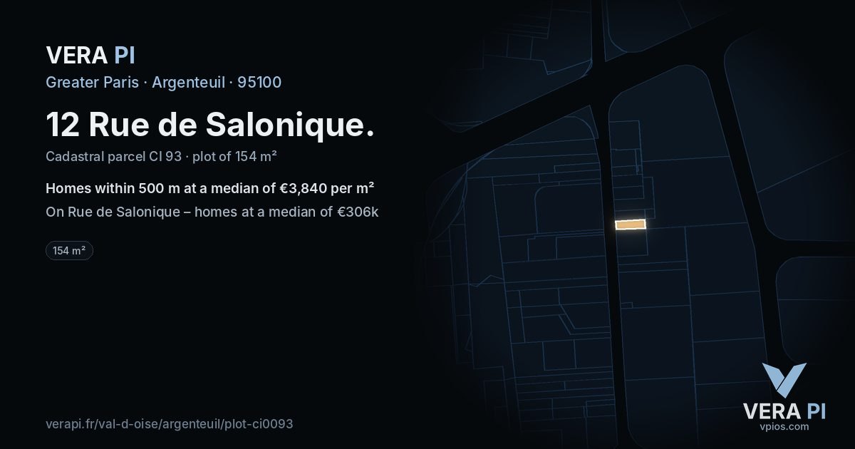 12 Rue de Salonique, Argenteuil at night – the plot lit, the parcels around coloured by the prices near them