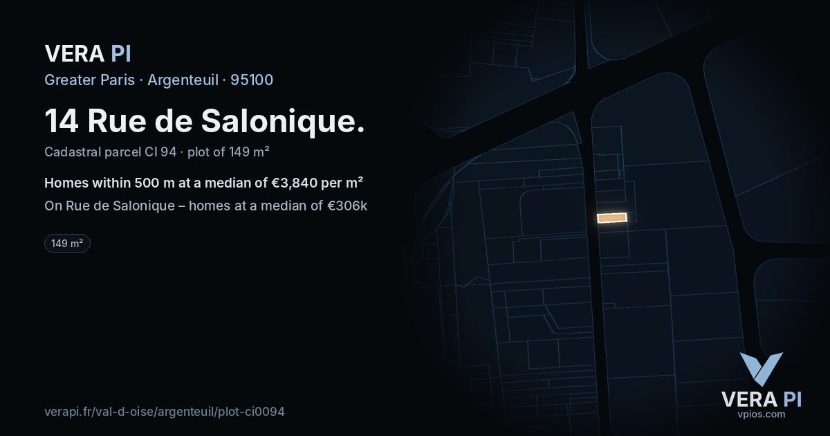 14 Rue de Salonique, Argenteuil at night – the plot lit, the parcels around coloured by the prices near them