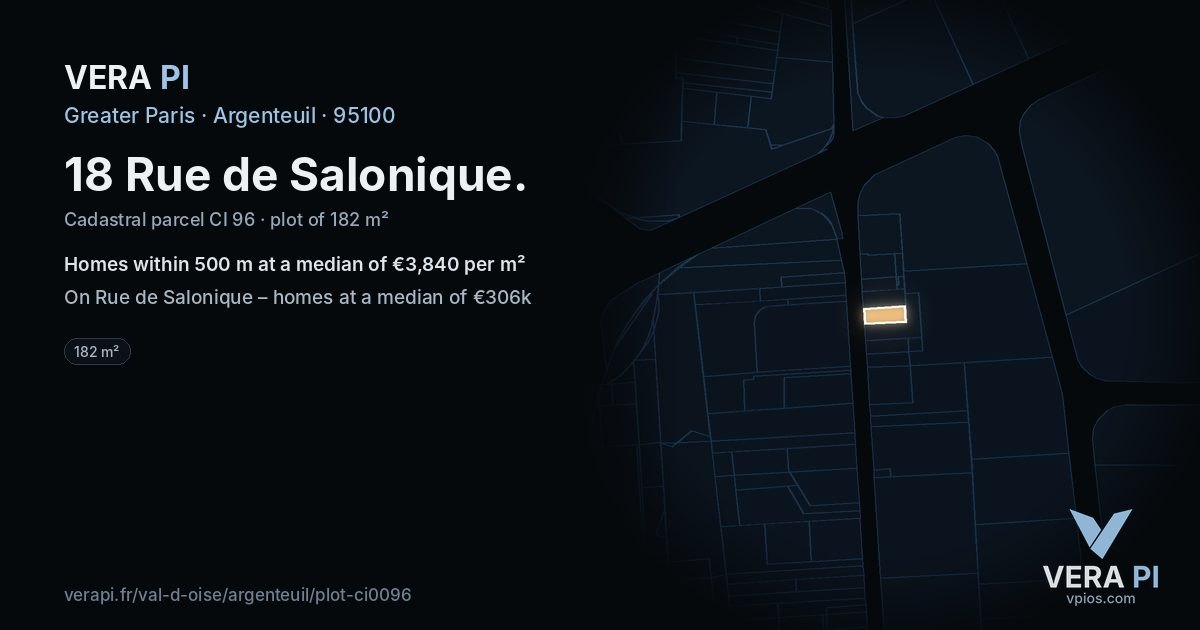 18 Rue de Salonique, Argenteuil at night – the plot lit, the parcels around coloured by the prices near them