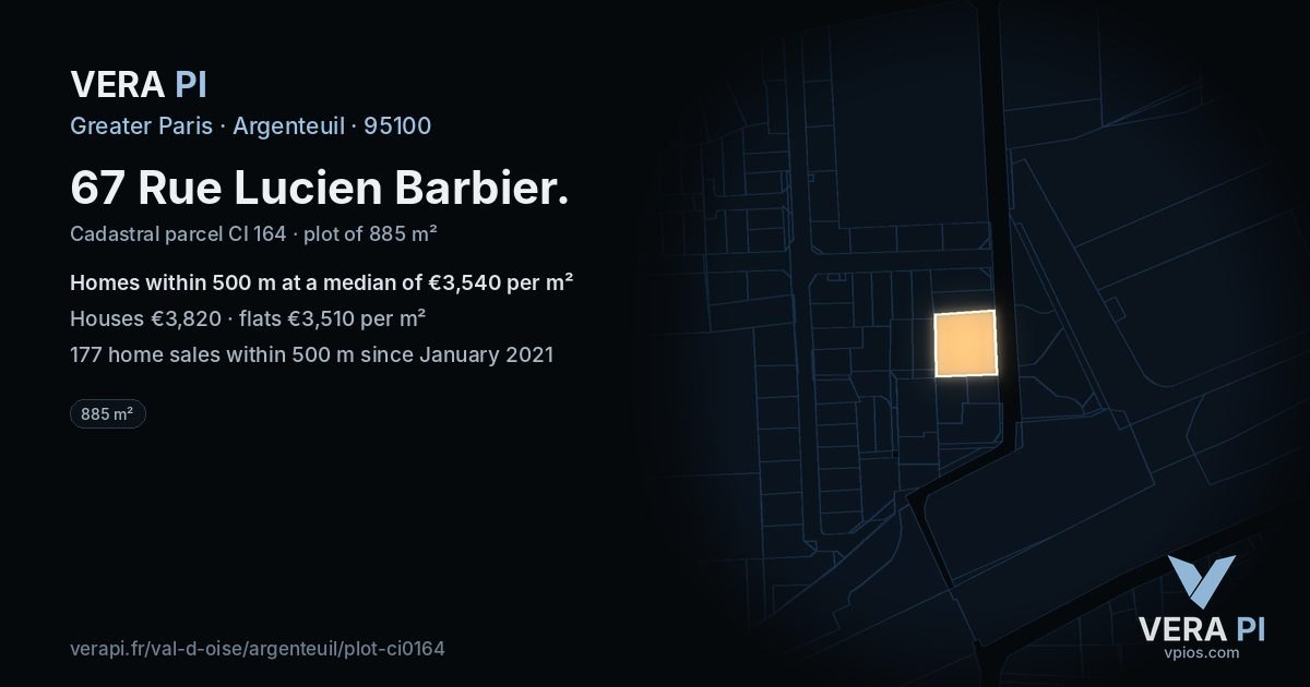 67 Rue Lucien Barbier, Argenteuil at night – the plot lit, the parcels around coloured by the prices near them