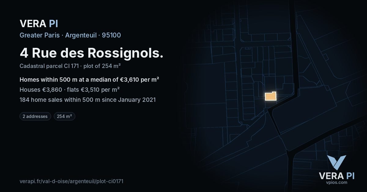 4 Rue des Rossignols, Argenteuil at night – the plot lit, the parcels around coloured by the prices near them