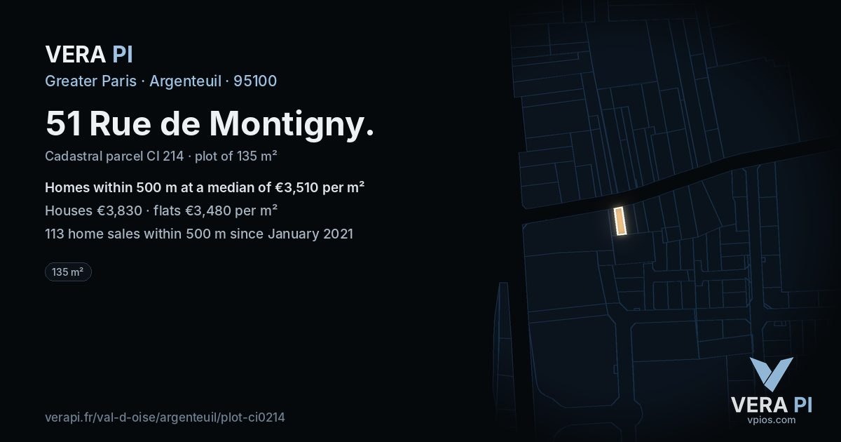 51 Rue de Montigny, Argenteuil at night – the plot lit, the parcels around coloured by the prices near them