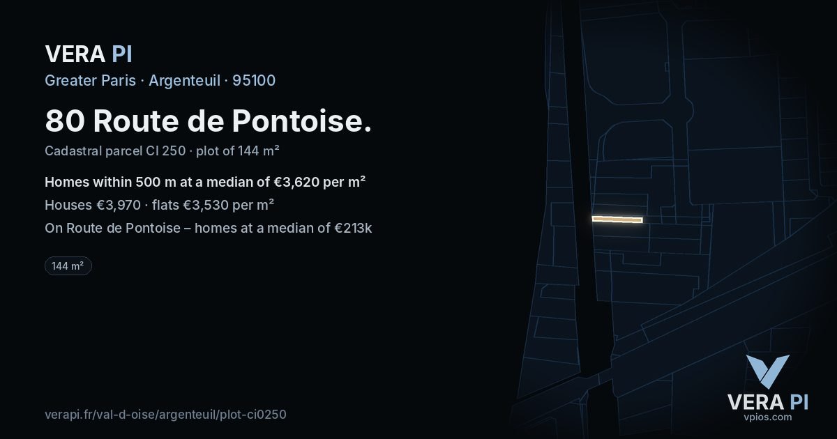 80 Route de Pontoise, Argenteuil at night – the plot lit, the parcels around coloured by the prices near them