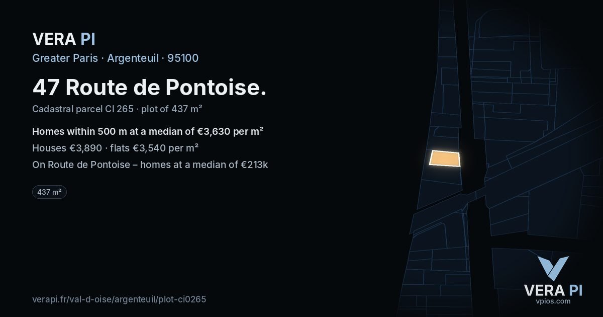 47 Route de Pontoise, Argenteuil at night – the plot lit, the parcels around coloured by the prices near them
