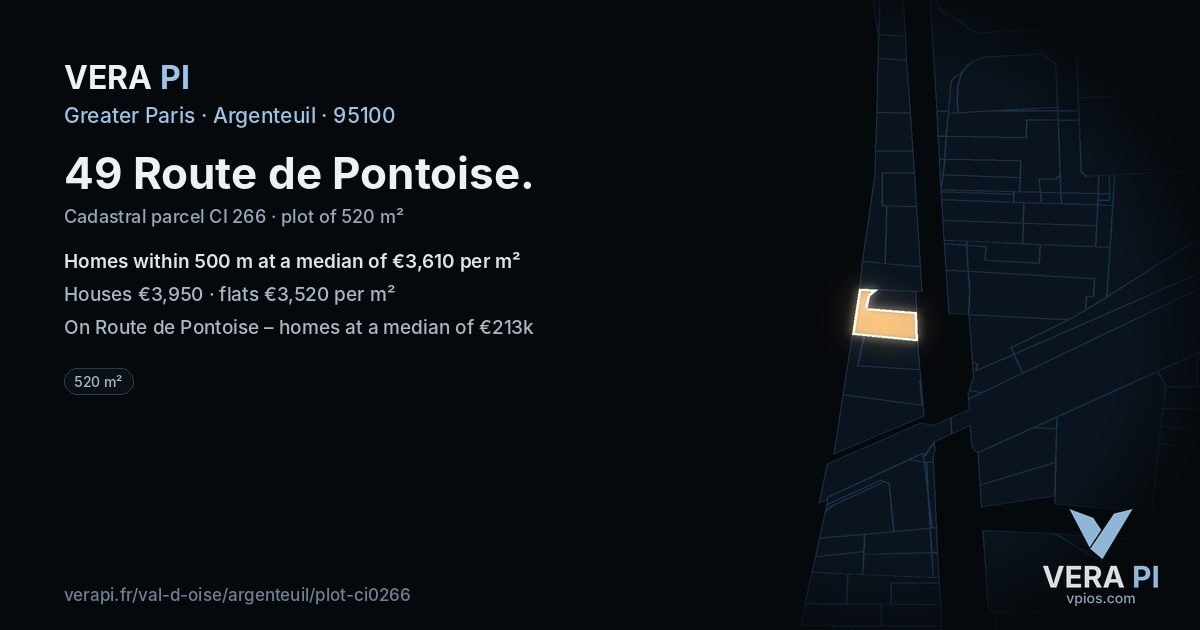 49 Route de Pontoise, Argenteuil at night – the plot lit, the parcels around coloured by the prices near them