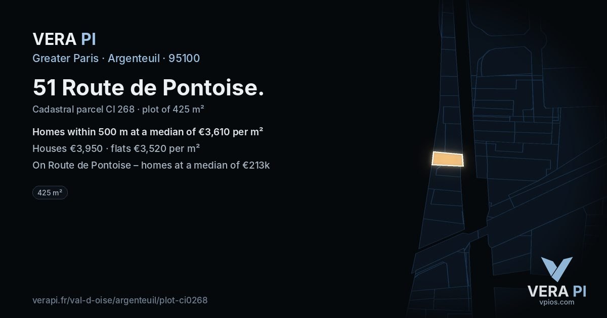 51 Route de Pontoise, Argenteuil at night – the plot lit, the parcels around coloured by the prices near them