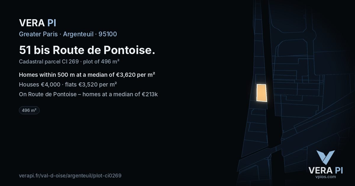 51 bis Route de Pontoise, Argenteuil at night – the plot lit, the parcels around coloured by the prices near them