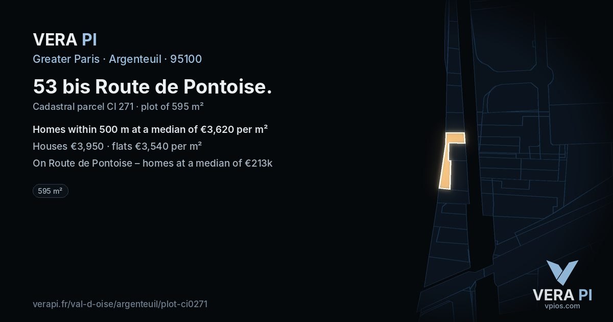 53 bis Route de Pontoise, Argenteuil at night – the plot lit, the parcels around coloured by the prices near them