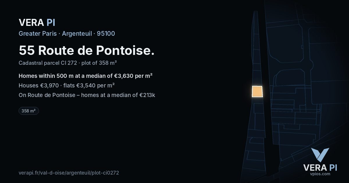 55 Route de Pontoise, Argenteuil at night – the plot lit, the parcels around coloured by the prices near them