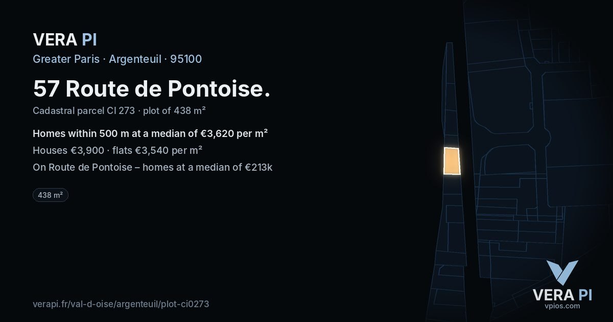 57 Route de Pontoise, Argenteuil at night – the plot lit, the parcels around coloured by the prices near them