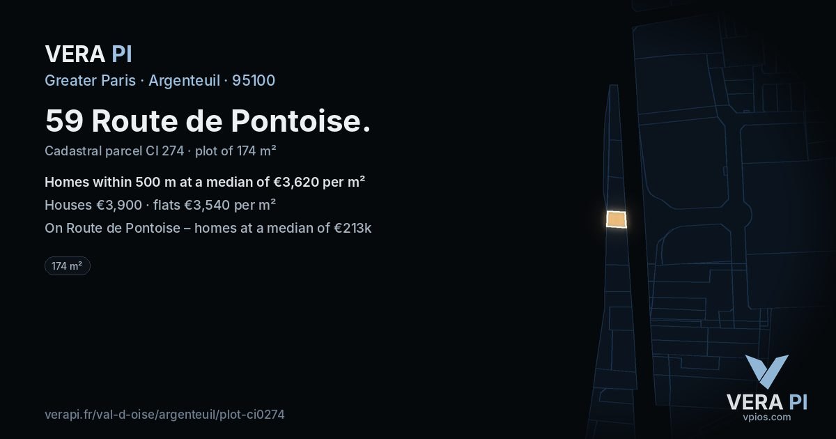 59 Route de Pontoise, Argenteuil at night – the plot lit, the parcels around coloured by the prices near them