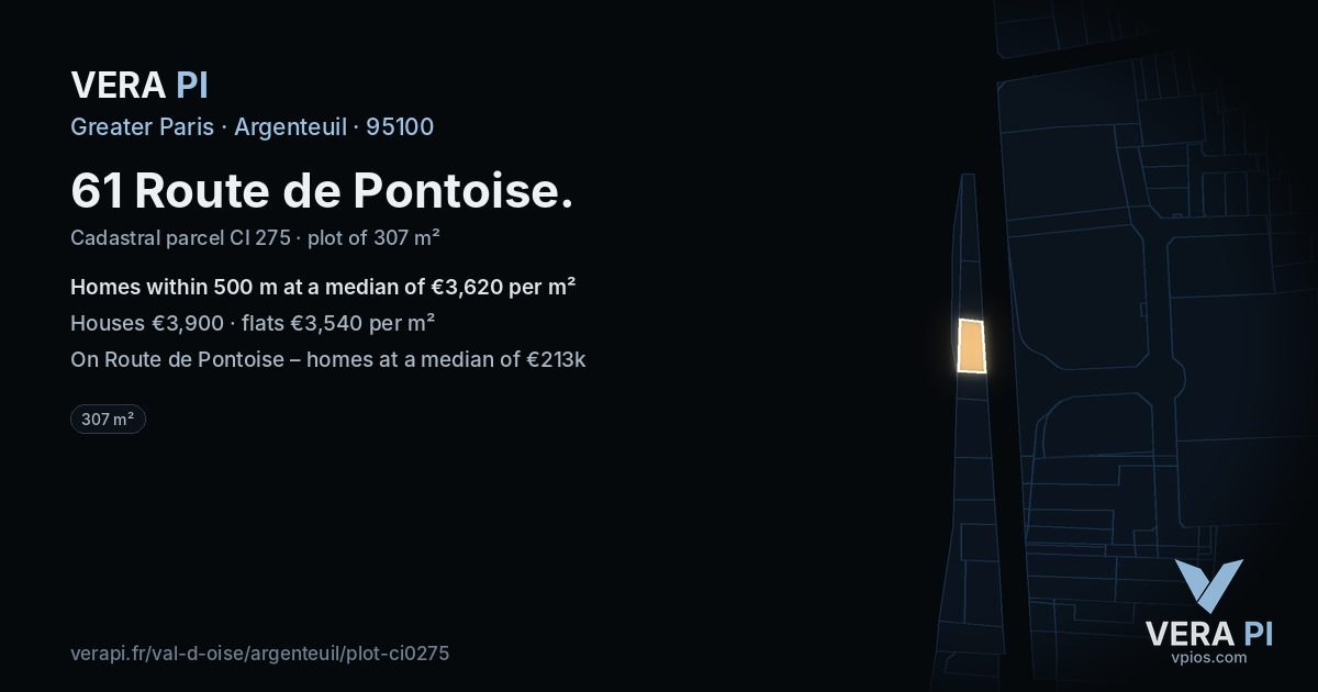61 Route de Pontoise, Argenteuil at night – the plot lit, the parcels around coloured by the prices near them