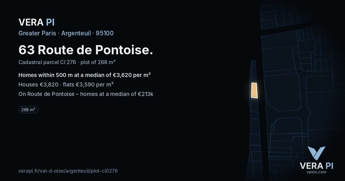 63 Route de Pontoise, Argenteuil at night – the plot lit, the parcels around coloured by the prices near them