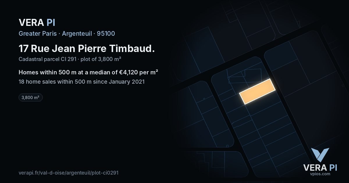 17 Rue Jean Pierre Timbaud, Argenteuil at night – the plot lit, the parcels around coloured by the prices near them