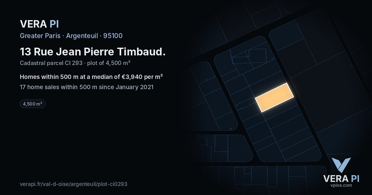 13 Rue Jean Pierre Timbaud, Argenteuil at night – the plot lit, the parcels around coloured by the prices near them