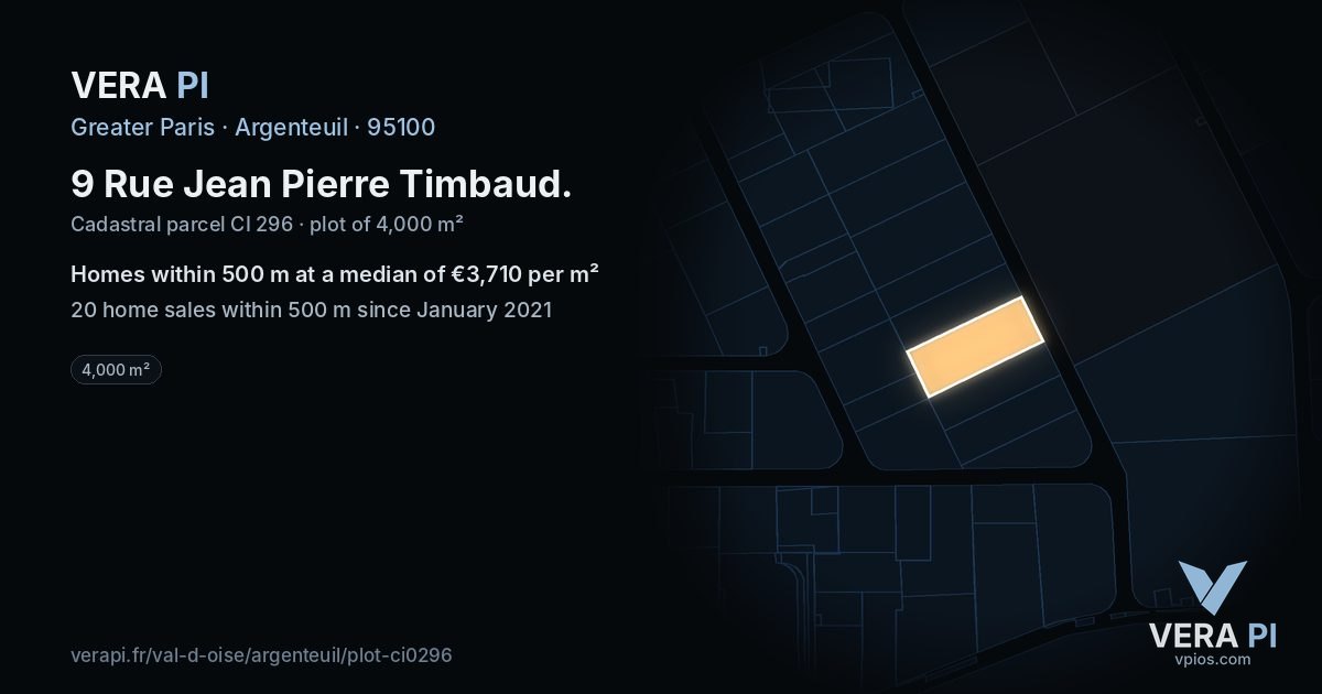 9 Rue Jean Pierre Timbaud, Argenteuil at night – the plot lit, the parcels around coloured by the prices near them