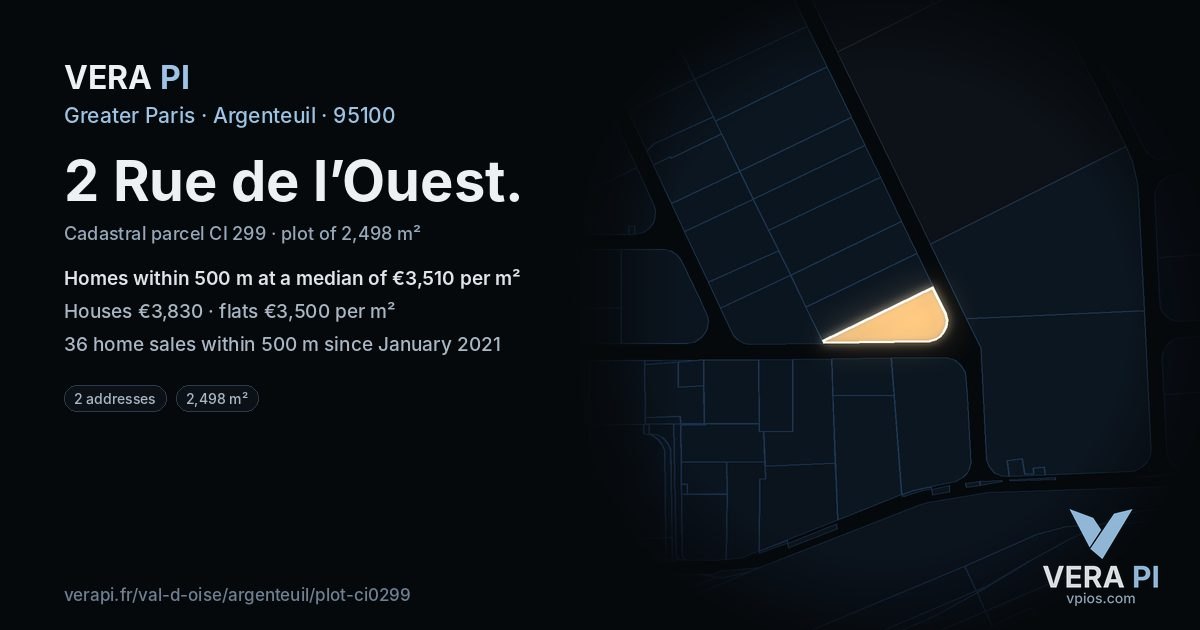 2 Rue de l’Ouest, Argenteuil at night – the plot lit, the parcels around coloured by the prices near them