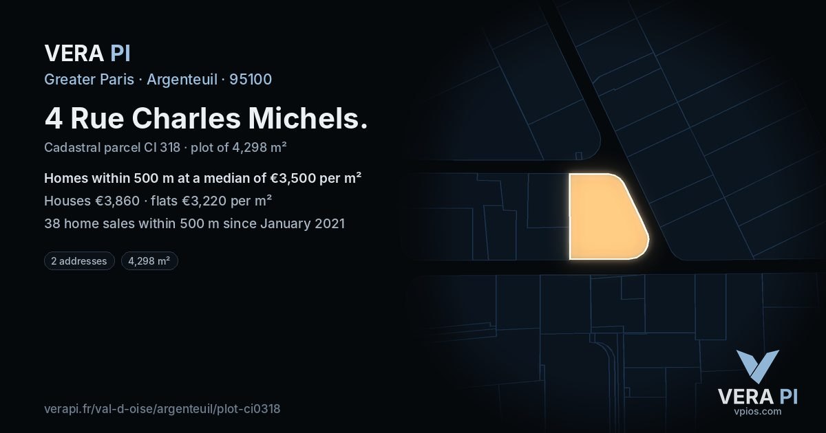 4 Rue Charles Michels, Argenteuil at night – the plot lit, the parcels around coloured by the prices near them