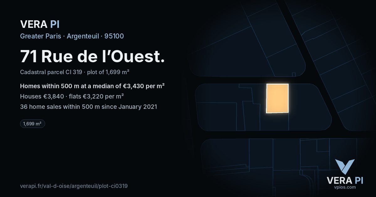 71 Rue de l’Ouest, Argenteuil at night – the plot lit, the parcels around coloured by the prices near them