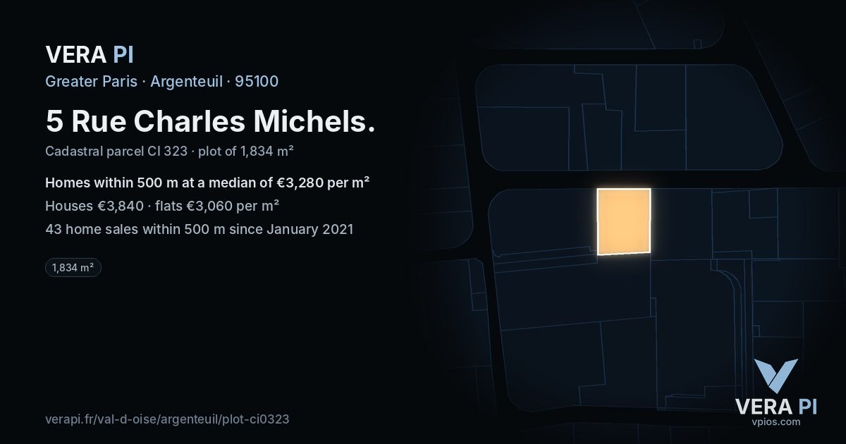 5 Rue Charles Michels, Argenteuil at night – the plot lit, the parcels around coloured by the prices near them
