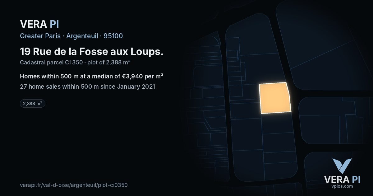 19 Rue de la Fosse aux Loups, Argenteuil at night – the plot lit, the parcels around coloured by the prices near them