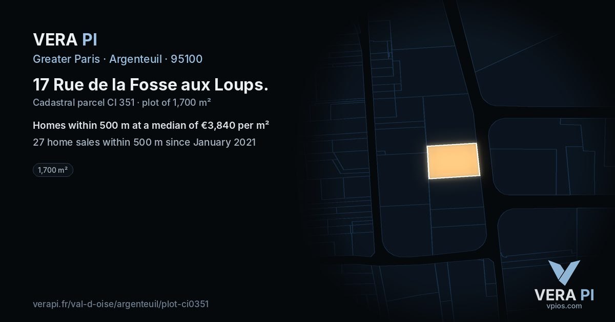 17 Rue de la Fosse aux Loups, Argenteuil at night – the plot lit, the parcels around coloured by the prices near them