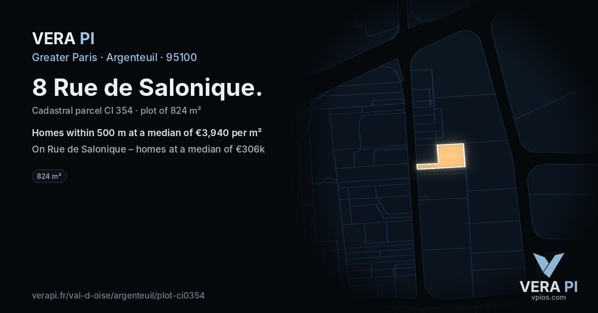 8 Rue de Salonique, Argenteuil at night – the plot lit, the parcels around coloured by the prices near them