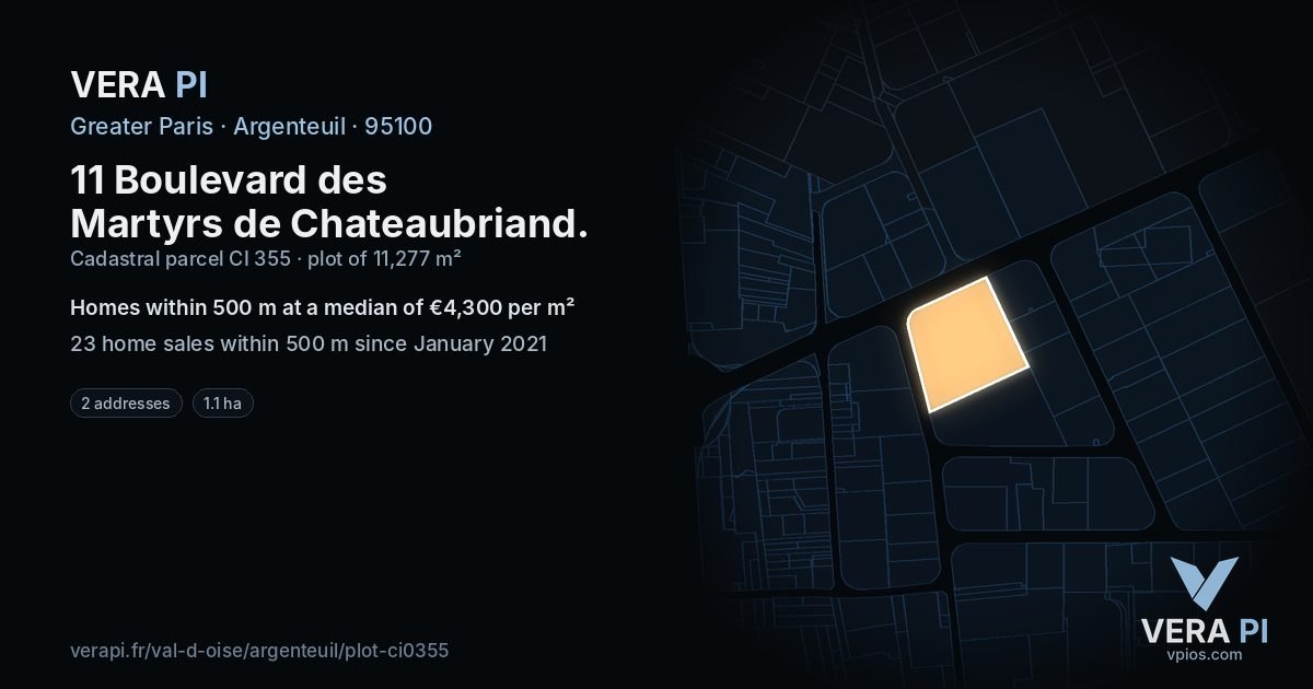 11 Boulevard des Martyrs de Chateaubriand, Argenteuil at night – the plot lit, the parcels around coloured by the prices near them
