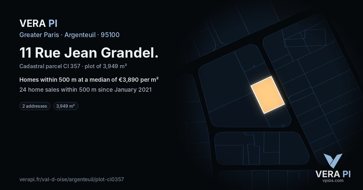 11 Rue Jean Grandel, Argenteuil at night – the plot lit, the parcels around coloured by the prices near them
